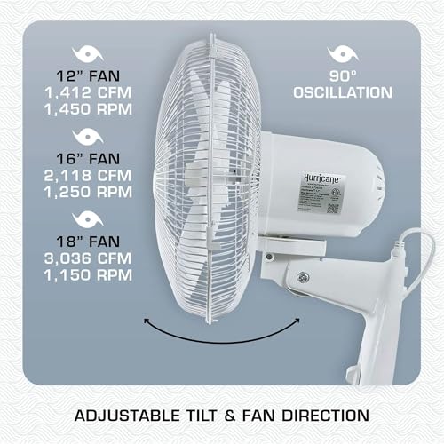 Hurricane Supreme 18" 90 Degree Oscillating Indoor Wall Mounted 3 Speed Plastic Blade Fan with Adjustable Tilt and Pull Chain Control, White (4 Pack) - style: Casual