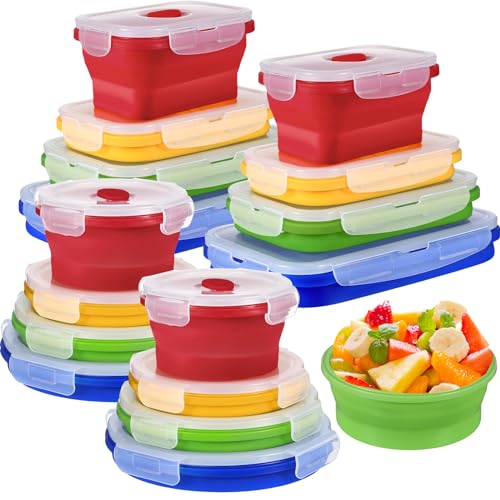 Yaomiao 16 Pack Collapsible Food Storage Containers with Lid Foldable 8 Pcs Rectangle Storage Bowl and 8 Pcs Round Silicone Food Bow for Lunch Camping Rv Accessories Microwave Freezer(Bright Colors) - color: Bright Colors