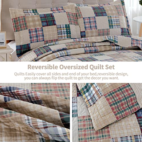 Plaid Collection King Size Quilt Set - Lightweight Reversible Bedspread with Pillow Shams, Beige - color: Beige Plaid, size: King