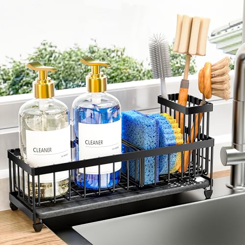 Cisily 10.62'' Sponge Holder for Kitchen Sink, Sink Caddy Organizer with High Brush Holder, Kitchen Countertop Organizers and Storage Essentials, Rustproof 304 Stainless Steel (Black with Stone Tray - color: Black With Stone Tray