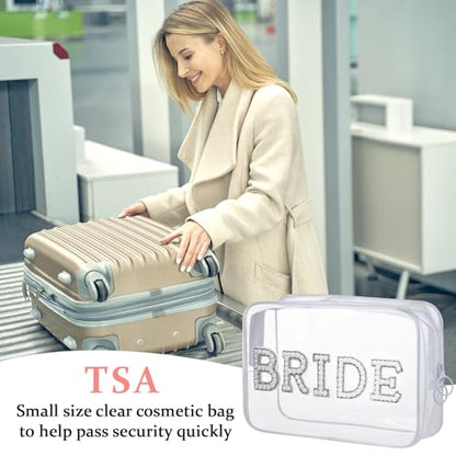 Etercycle Bride Clear Makeup Bag, Bridal Shower Gifts Engagement Cosmetic Bag, Bling Pearl Rhinestone Letter Patches Waterproof PVC Travel Organizer for Women Wedding Bachelorette Party(Silver) - color: Silver, style: Bride