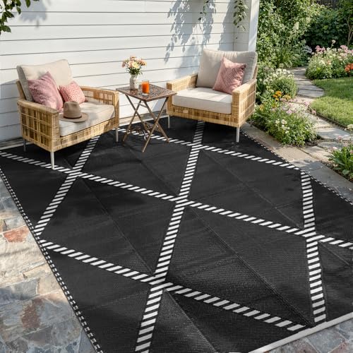 Wonnitar Outdoor Rug 6x9, Waterproof Reversible Plastic Straw Rug for Patio, Foldable Camping Mat with Carry Bag for RV, UV-Resistant Outside Rug for Deck, Balcony, Beach, Black & White - color: Boho - Black & White, size: 6' x 9' (Rectangular)