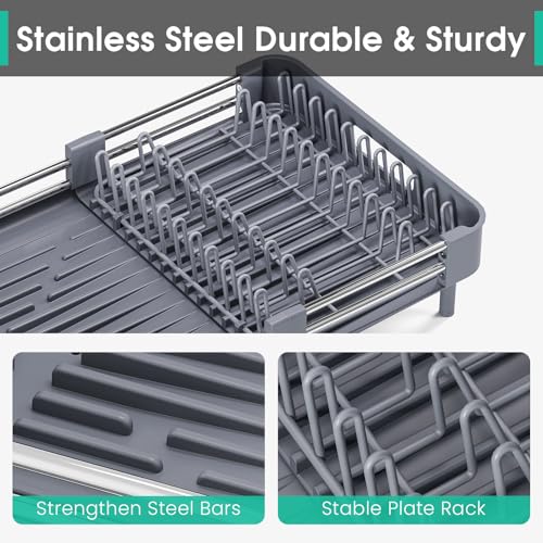 TOOLF Dish Drying Rack, Expandable Dish Rack for Kitchen Counter, Anti-Rust Dish Drainer, Sink Organization and Storage Essentials with Cutlery & Cup Holder, Gray - color: Gray