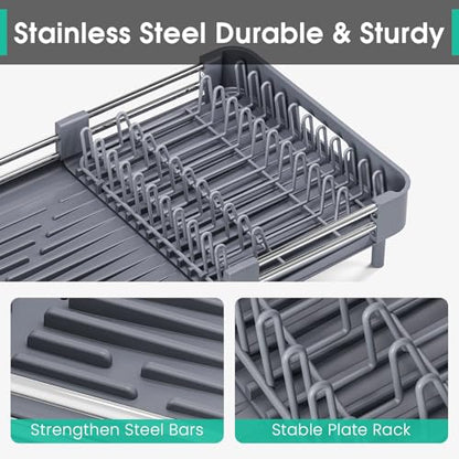 TOOLF Dish Drying Rack, Expandable Dish Rack for Kitchen Counter, Anti-Rust Dish Drainer, Sink Organization and Storage Essentials with Cutlery & Cup Holder, Gray - color: Gray