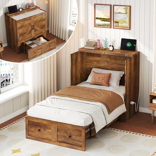LUXOAK Twin Murphy Bed with Built-in Charging Station and Storage Drawer, Farmhouse Foldable Cabinet Bed for Guest Room, Apartment or Home Office, Barnwood - color: Barnwood, size: Twin