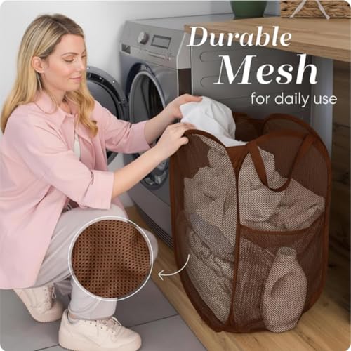 Handy Laundry Collapsible Mesh Pop Up Laundry Hamper with Side Pocket, Breathable & Space-Saving Foldable Basket for Clothes, Toys, Travel, Storage, 14 x 13 x 24 in, Brown - color: Brown