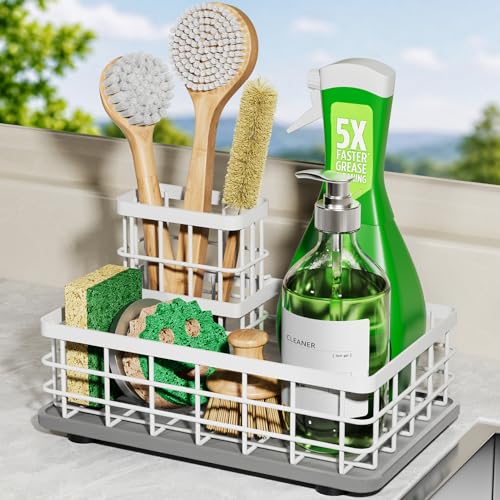 Extra Large Kitchen Sink Caddy Organizer, Stainless Steel Sponge Holder for Kitchen Sink with Brush Holder, Diatomite Stone Sink Tray for Soap Dispenser, Sponge, Bathroom Countertop Organizer, White - color: White