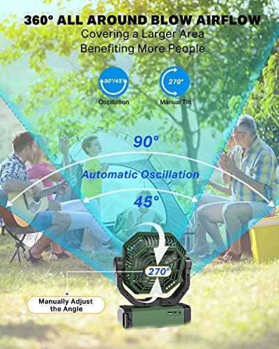 Rechargeable Auto Oscillating Fan with Remote & Timer & LED Light, 9-Inch 20000mAh Battery (70Hrs), Portable USB Fan for Camping, Travel, Worksite & Strong Hurricanes - color: Green