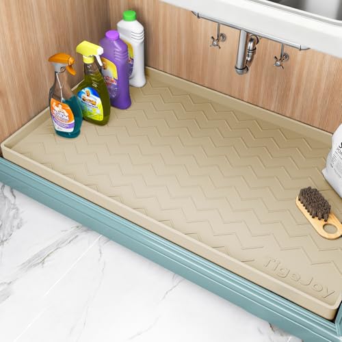 TigeJoy 19" x 19" Under Sink Mats for Kitchen Waterproof, Leak-Proof Silicone Mat Sink Protector and Cabinet Liner, Kitchen Essentials Organizer and Storage, Boot or Shoe Tray, Pet Feeding Mat - color: Beige, size: 19"W x 19"L