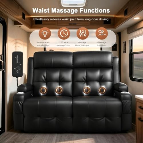 RV Loveseat Recliner Sofa, Wall Hugger Massage Reclining RV Couch with USB, Insert Pockets, Cup Holders, 150° RV Recliners Sleeper Sofas for RV Furniture & Travel Trailers & Home Theater Seating - color: Black, size: Loveseat-G1