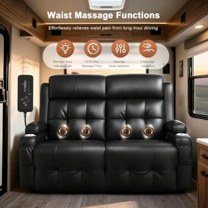 RV Loveseat Recliner Sofa, Wall Hugger Massage Reclining RV Couch with USB, Insert Pockets, Cup Holders, 150° RV Recliners Sleeper Sofas for RV Furniture & Travel Trailers & Home Theater Seating - color: Black, size: Loveseat-G1