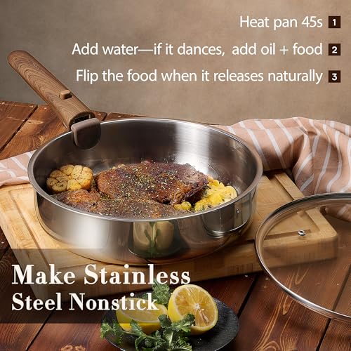 CAROTE 19pcs Stainless Steel Cookware Set with Detachable Handle, Pots and Pans Set, Induction Kitchen Cooking Sets, RV/Camping Cookware, Removable Handle, Oven Safe, Woodgrain