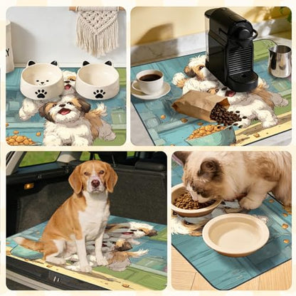 Nuxovilar Pet Food Mat Dog Supplies Playful Puppy-Designed Polyester (23.62×17.71 inches) Bowl Water Spill Pad Feeding Essentials for Kitchen, Patio, Pet Dining Nook - color: HC00143
