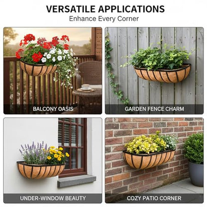 24“ Window Box Railing Planter with Coco Liner Metal Wall-Mounted Coconut Liner Planter Basket English Horse Trough Planters for Outdoor Deck Balcony Porch Fence Patio Black (2 Pack) - size: 24 Inch