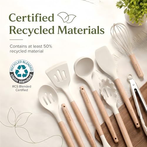 Silicone 10 Pcs Kitchen Cooking Utensils Set, Recycled Materials Certification, BPA Free Spatula Set with Heat Resistant Wood Handles for Nonstick Cookware, Cream White - color: CreamWhite