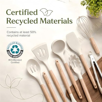 Silicone 10 Pcs Kitchen Cooking Utensils Set, Recycled Materials Certification, BPA Free Spatula Set with Heat Resistant Wood Handles for Nonstick Cookware, Cream White - color: CreamWhite