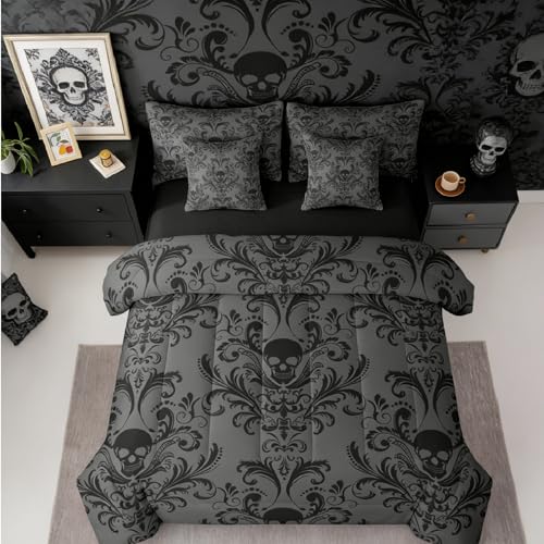 Erosebridal Gothic Damask Bed in a Bag Queen Comforter Set 7 Piece,Sugar Skull Bedding Sets Black Grey Victorian Floral Goth Sheet Set with Comforter - color: Multi 37, size: Queen(7-Pieces)