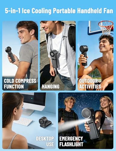 Handheld Fan Portable Personal Cooling Fans Mini Hand Held Fan,199Speed 26000RPM Turbo Air,6000mAhBattery USBRechargeable FoldableFan with LED Light Hook,Ice Cooling Essentials for Travel Outdoor Gift - color: matte black