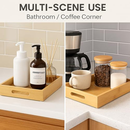 Tray for Oil Bottles Kitchen Counter – Bamboo Organizer with Handles, Waterproof Coating & Non-Slip Feet, Condiment Holder for Spices, Sauces & Seasoning Jars (2, Natural)