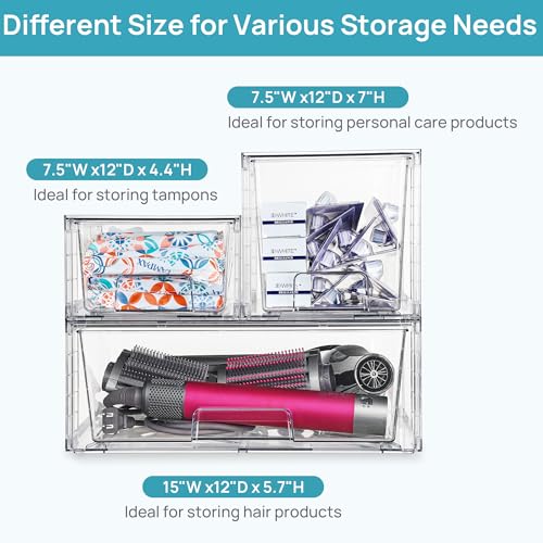 Vtopmart 7 Pack Stackable Storage Drawers, Easily Assemble Clear Plastic Organizer Bins, Storage Drawer Set for Pantry and Kitchen Cabinet Organization, Bathroom or Closet Storage - style: 1 Wide+2 Medium+4 Small