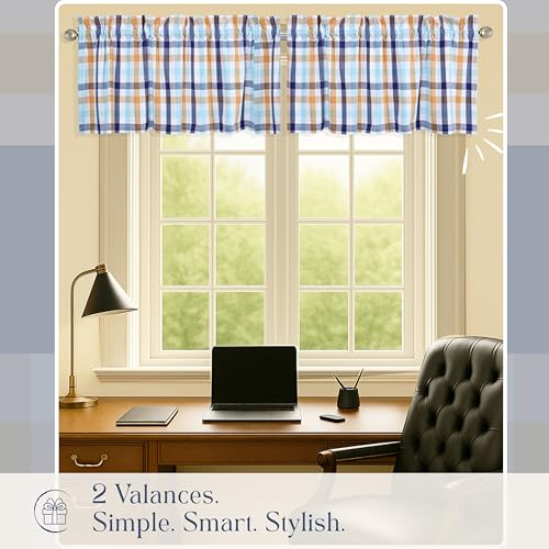 Gingham Valance Curtains, 2 Pack, 54x18 Inches, 100% Cotton Window Valances, Rod Pocket Curtain Panels for Kitchen, Bedroom, Living Room, Indigo Blue - Mustard Yellow - Aqua Blue - color: Multi Blue, Yellow, size: 18"W x 54"L (Pack of 2)