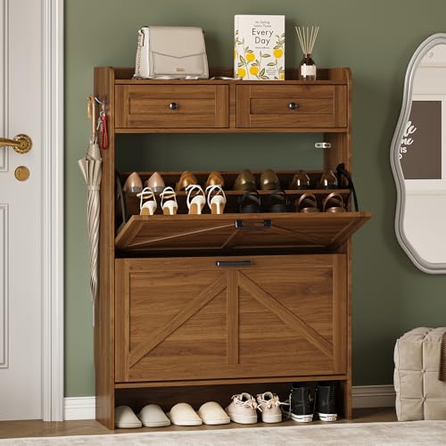 BORNOON Shoe Storage Cabinet for Entryway, Farmhouse Narrow Shoe Cabinet with 2 Flip Drawers & Top Drawers, Adjustable Shelves & Hooks, Freestanding Hidden Rack Organizer for Hallway, Foyer - color: Walnut, size: 2 Flip Drawer