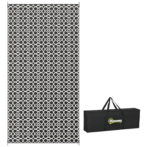 Outsunny Outdoor Rug for Patio, 9' x 18' Waterproof Large Mat, Reversible Plastic Straw Rug for Decor, Portable Outside RV Camping Area Carpet Mat for Backyard Porch Deck Picnic, Black & White Clover - color: Black and White Clover, size: 8'11" x 17'11" (