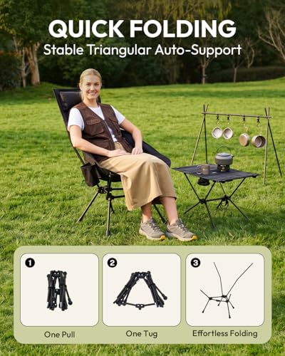 MOBI GARDEN High Back Camping Chair, 400lb Heavy Duty Portable Folding Chair with Adjustable Headrest, Ultralight Moon Chair with Universal Anti-Sinking Feet and Side Pocket for Beach, Hiking, Picnic