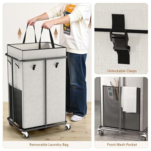 40 Gal Large Laundry Hamper with Lid, Rolling Laundry Basket with Wheels, Oxford Fabric Dirty Clothes Hampers with Removable Laundry Bag & Metal Frame for Bedroom, Laundry Room, Bathroom, Dorm(White) - color: White-2