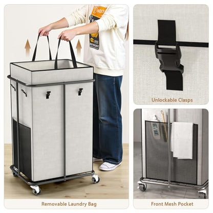 40 Gal Large Laundry Hamper with Lid, Rolling Laundry Basket with Wheels, Oxford Fabric Dirty Clothes Hampers with Removable Laundry Bag & Metal Frame for Bedroom, Laundry Room, Bathroom, Dorm(White) - color: White-2