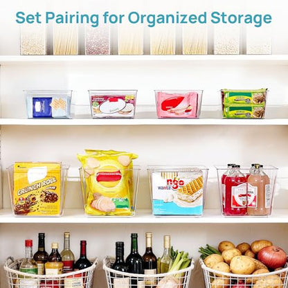 Vtopmart 8 Pack Clear Plastic Storage Bins Set, 4 Large Pantry Organizer Bins with Handle and 4 Medium Snack Organizer Bins with 4-Compartment for Pantry, Kitchen, Fridge, Cabinet Organization - size: 4 Large + 4 Medium