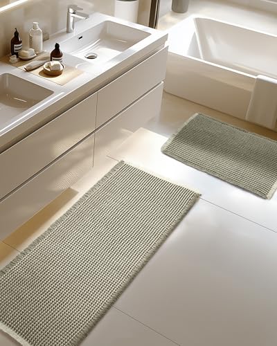 Large Waffle Bath Mat Set Non Slip, Ultra Absorbent Bath Mats for Christmas Bathroom Decor, Extra Soft Floor Bathroom Rugs Sets 2 Piece, Washable Bath Rugs Set, Green & White, 20"×47" and 16"×24" - color: Green-white