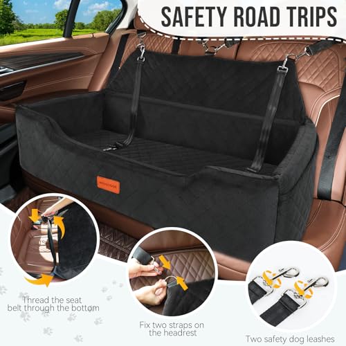 HEGGCOOE Large Dog Car Seat Under 100 lbs, Washable Dog Car Bed for 2 Medium Dogs, Detachable Pet Booster Seat with Storage Pocket and Seat Belt for Back Seat Dog Travel Bed - color: Black