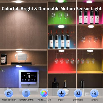RGB LED Motion Sensor Light Indoor, Bright & Dimmable, Long-Lasting | Rechargeable Battery, Stick-On Puck Night Light with Remote for Closet, Cabinet, Kitchen, Stairs, Shelves - Cool & RGB, 2Pack - color: Cool White & RGB(2 Pack)