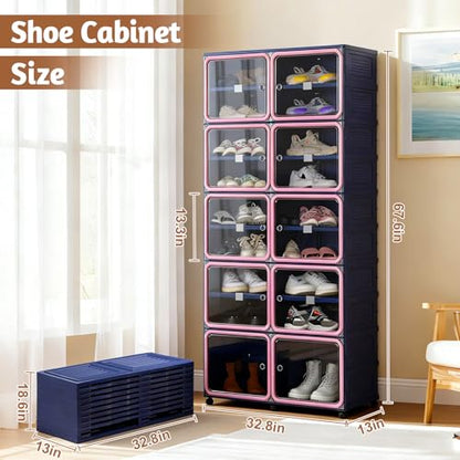 Collapsible Shoe Rack Organizer, 9 Tiers-36 Pairs Foldable Shoe Cabinet with Magnetic Clear Door, Large Plastic Folding Shoe Cabinet Blue & Pink, Easy Assembly Shoe Shelves Organizer for Entryway - size: 9 Tiers-36 Pairs Blue & Pink