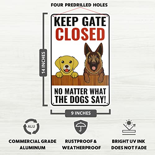 Venicor Dog Keep Gate Closed Sign - 14 x 9 Inches - Aluminum - Dogs on Premises Outdoor Door Sign