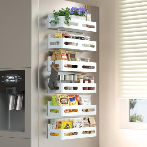 Sevenblue 6 Pack Strong Magnetic Spice Rack for Refrigerator, Multipurpose Magnetic Shelf for Fridge with 4 Hooks for kitchen and Bathroom Organization, White - color: White, size: 6 Pack