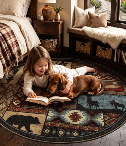 YIHOUSE Rustic Round Rug 4ft, Washable Circle Rug with Non-Slip Backing, Low Pile Soft Western Cabin Rugs for Living Room, Bedroom - color: Brown, size: 4' (Round)