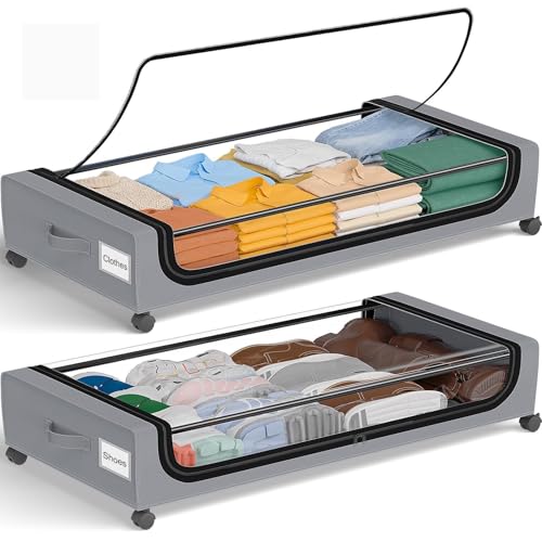 GoMaihe Under Bed Storage with Wheels: 70L Underbed Storage Containers with Lids - Rolling Bins for Shoes Clothes in Dorm Bedroom - Metal Drawers Easy Pull-out Grey 2-Pack - color: Grey, size: Extra Large(2Pack)