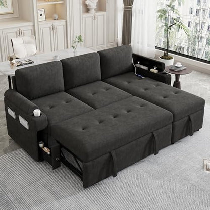 83.5" L-Shaped Foldable Sofa Couch, Modern Chenille Pull Out Couch with UAB, Convertible Love Seat Sofa Bed with Adjustable Back and Pillow for Living Room, RV, Small Spaces (Black, 83.5") | Modern Chenille - color: Black, size: 83.5"