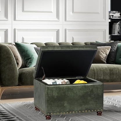Leather Ottoman with Storage,24’’Foot Rest Ottomans with Hinged Lid Rectangle Upholstered Foot Stools Nailhead Trim for Living Room Bedroom,Green - color: Green