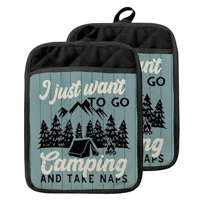 Retro Rustic Forest Camping Pot Holders with Pockets, I Just Want to Go Camping Oven Pot Holders Heat Resistant Oven Mitts Hot Pads for Kitchen Baking Cooking - color: Campfire-e