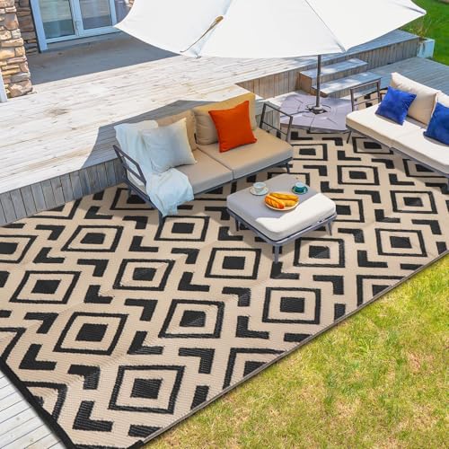 wikiwiki 5x8ft Outdoor Rug, Reversible Plastic Patio Rug Waterproof, Indoor Outdoor Carpet Clearance, Portable Small Area Carpet for Patio Deck Balcony Pool RV Camping Beach Picnic, Black & Beige - color: Black & Beige, size: 8' x 5' (Rectangular)