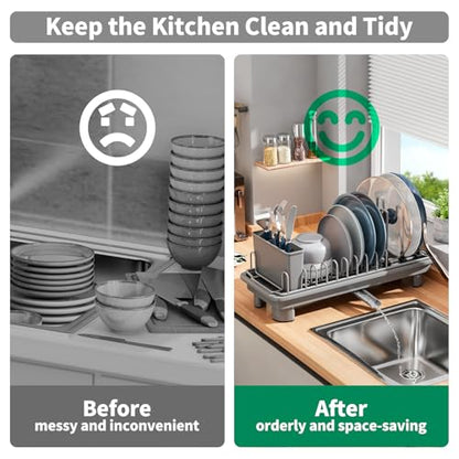 SanDream Small Dish Drying Rack with Removable Utensil Holder & Anti-Scratch Base - Stainless Steel Dish Rack, Dish Drying Rack with Drainage & Space Saving Design for Kitchen Counter, Gray - color: Gray