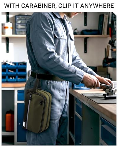 2 Pack Small Tool Bags Zipper Pouch for Organizing, with Adjustable Shoulder Strap & Carabiner, Utility Small Tool Pouch with Multi Pocket Compartments and Label Area (12" & 10") - color: Blue/Green