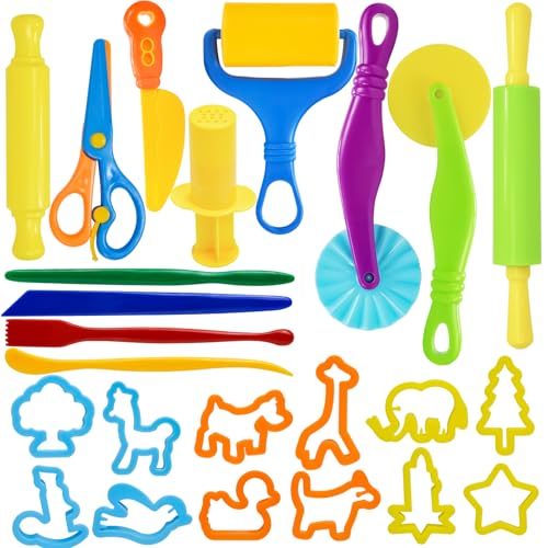LCY WEDSHI Dough Tool Set, 24 Pcs Dough Tools Sets for Kids Ages 4-8, Dough Accessories Includes Animal Molds, Cutters Roller, Rolling Pins, Safety Scissors, Plastic Knife - style: 24pcs