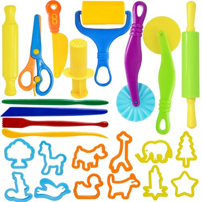 LCY WEDSHI Dough Tool Set, 24 Pcs Dough Tools Sets for Kids Ages 4-8, Dough Accessories Includes Animal Molds, Cutters Roller, Rolling Pins, Safety Scissors, Plastic Knife - style: 24pcs