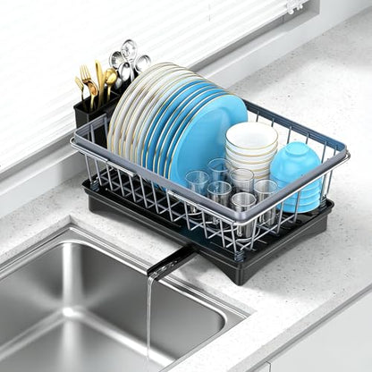 LEMIKKLE Sink Dish Drying Rack - Expandable Small Dish Rack Over Sinks with Drying Tray, Dish Drainer for Kitchen Counter with Cutlery Holder, Drying Rack Fit for 14’’-19’’ Kitchen Sink - color: Gray + Expandable Rack
