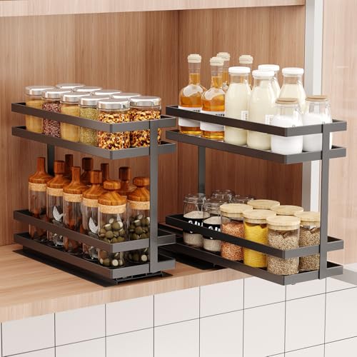 Mustorn 2 Pack Pull Out Spice Rack Organizer for Cabinet, 2 Tier Metal Slide Out Seasoning Organizer and Storage Heavy Duty Vertical Spice Rack Shelf Pullout for Kitchen Cabinets No Drilling (Black) - color: Black(Metal)