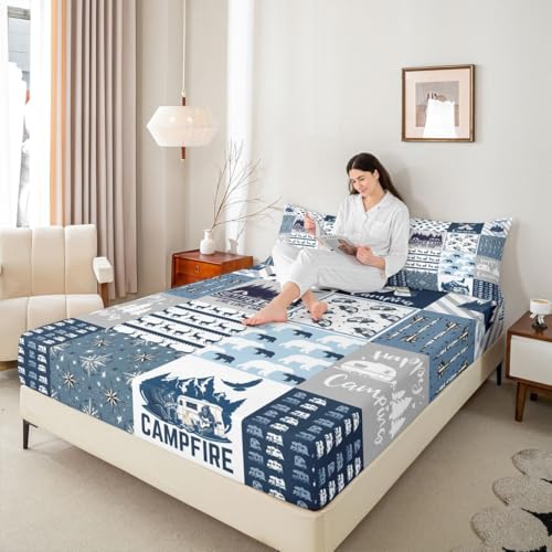Happy Camping Fitted Sheet Queen Size for Boys Kids Teens, Camper Bedding Set, Rustic Farmhouse Style Fitted Bed Sheets, Sketch Drawing Camper Bedding, Camping Car Sheet with Deep Pocket, Blue - color: Multi 0218, size: Queen (No Top/Flat Sheet)